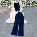 Temperament Design Sense Metal Buckle Round-Neck Sleeveless Vest + High-Waist Broad-Legged Trousers Denim Set Of