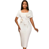 Elegant Square Collar Lotus Leaf-Side Dress Banquet Temperament Flower High-Waisted Hip Dress
