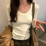 Shoulder Long-Sleeved T-Shirt A New Autumn Style Slim Knitted Bottomed Shirt With Solid Color Underwear-Outfit