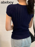 Sleeve O-neck High Quality Knitted T-shirts With Decorated Buttons Girls Stretchy Top Thin Tshirt Summer Tees For