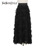 Black Ruched Skirt For Women High Waist Patchwork Tassel Solid Midi Skirts Female Summer Clothing 2022 Summer