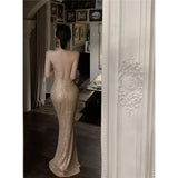 Toloer Shot Champagne Color Sparkling Sequins Swing Collar Gauze Small Dress Dress Heavy Industry Dinner Dress Engagement Dress