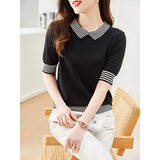 Toloer Photo Doll Collar Jacket Female Summer Ice Silk Short-Sleeve T-Shirt False Two Striped Knit Half Sleeve Small Shirt-Outfit