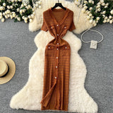 Little Scent Retro V-Neck Metal Single-D Row Buckle Slimming Temperament Knitted Dress