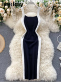 Women's Knitting Sheath Letters Tank Dress Female Bodycon Knitted Camisole Sleeveless Patchwork Mini Dresses For