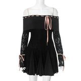 Black Off-Shoulder Lace Sleeve Mini Dress-Outfit