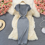 Thin Collar Knitted Dress Short Sleeve 2025 Summer New Temperament Sexy Hot Ass Long
