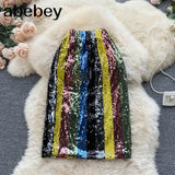 Glitter Sequined Striped Skirts Women High Waist Split Hem Skirt Fashion Ladies Color Matching Party Club Mid Calf