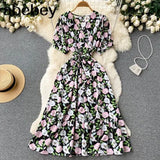 2022 Vintage Floral Print V Neck Bandage Dress Summer Midi Long Party Women High Waist Vestido De Festa Elegant