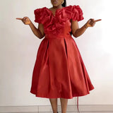 Retro Half-Necked Collared Lotus Leaf Sleeve Dress High-Rise Elegant Party Dress Dress Dress