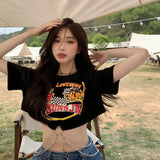 Toloer 2024 New Hottie Everything Ins Trendy T-Shirt Women's Design Sense Chain Short Crop Black Short-Sleeved