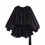 Bubble Sleeve Lotus Side Wrinkle Skirt 2025 Spring And Summer Lace With Round Tie Waist Mini