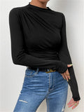 Solid Color Trim Bottom Shirt Folding Design Long-Sleeved T-Shirt Lady