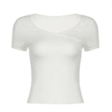 Sense Lace Asymmetrical Solid Color T-Shirt Basic Simple Casual U-Collar Slim Blouse 2024 Summer Fashion-Outfit - White / S