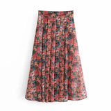 Spring Vintage Green Long Skirt High Waist Print Skirt Seaside Holiday Pleated Skirt Split Elegant Floral Skirt