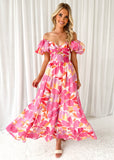 Summer New Holiday Leisure Printing Waist Bubble Sleeve Dress Dress