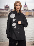 Toloer Spring New Fashion Temperament Stand Collar Heavy Industry Water Diamond Flowers Inlaid Loose Show Thin Women's Long Sleeve Shirt-Outfit