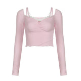 Toloer Soft And Sweet Pink Lace Long-Sleeved T-Shirt Slim Knit Chest Crop Top-Outfit