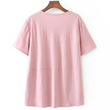 Women's Clothing Oversized Solid Cotton Short Sleeve Round Neck Pocket Button Casual Home Loose Belly Tshirt Tops-Outfit