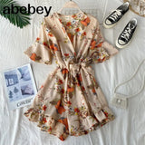 Women Rompers casual wide leg pants overalls short sleeve v neck solid playsuits summer beach chiffon ruffle