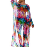 Toloer Women's New Bikini Swimsuit Sun Protection Shirt Color Feather Print Chiffon Holiday Long