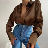 Vintage Korean Silk Shirts Satin Long Sleeve Blouses Women Blue Green Casual Loose Button Up Female Shirts Women Tops