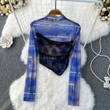 Gradient Mesh Sexy Women Top American Style Fashion Letter Long Sleeve Stand Neck Sheer Autumn Thin Sun Proof T
