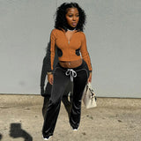 Women's Autumn And Winter Line Bump Color Without Collar Zipper Tight Rope High-Waisted Trousers