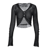 Toloer Sexy See-Through Mesh Cardigan Jacket Women's V-Neck Breasted Horn Long Sleeve T-Shirt Women-Outfit