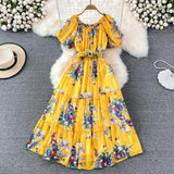 Summer Women Floral Chiffon Dress Vacation Beach Vestidos Female Elegant Slash Neck High Waist A-Line Midi Robe Bohemian
