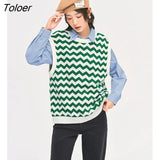 Women Knit Vest 2022 Autumn Sleeveless V Neck Loose Back Slit Strap Sweaters Wavy Green and White Stripes Casual
