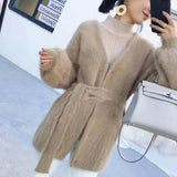 Womens Solid Colour Cardigans Sweater Casual Mink Fur Knitting Jackets Loose Large Sizes Lace-up Outerwear