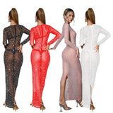 Fashion Women's Pure Color Mesh Hot Diamond Long Sleeve Dress Dress-Outfit