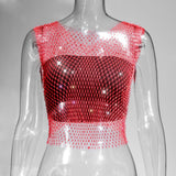 Toloer Nightclub Dresses Fishnet Hollow Out Rhinestone Vest Mesh Flash Diamond Sling Top