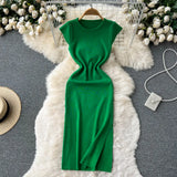 Women Korean Style Knitted Dress 2022 Summer O Neck Solid Short Sleeves Slim Ladies Sexy A Line Long