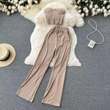 Toloer Strapless Short Top High Waist Casual Loose Wide Leg