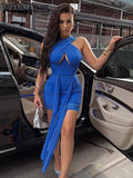 Blue Bodycon Dress Sleeveless Sexy Clubwear Women Irregular Criss Cross Laceup Hollow Out Mini Party Dresses