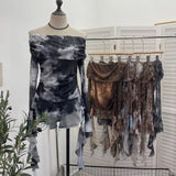 Shot Shoulder Strap Tie Dyed Net Shawl Shirt T-Shirt T-Shirt T-Shirt Design Folded Long-Sleeved T-Shirt