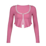 Toloer Pure Desire To Split Lace Girl Long Sleeve T Shirt Woman's Collar Solid Color Slim Slim Crop Top-Outfit