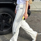 Toloer Style Digital Letter Print White Base Hoodies Low Waist Drawstring Loose Straight Leg Casual Pants-Outfit