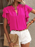 Women's Summer New V-Neck Casual Double-Layer Lotus Leaf Sleeve Solid Shirt