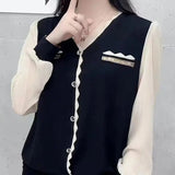 Clothing Solid Color Blouse French Style Elegant Patchwork 2024 Spring Autumn Fashion Diamonds Korean Casual V-Neck Shirt-Outfit