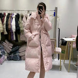 Fashion Waist Hooded Long Down Jacket Female 2024 Winter New Show Thin Three Plate Buckle Warm Coat-Outfit