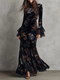Blue Retro Print Temperament Slimming Velvet Cheongsam Dress Dress Autumn And Winter Long