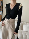 Women's Colorblock Hollow Out Slim Fitting Knitted Cardigan V Neck