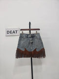 Women's Denim Skirt High Waist Spliced Contrast Color Irregular Tassel A-line Mini Skirt 2024 Summer New Fashion 29L1572-Outfit