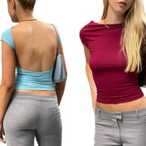Toloer Out Back Top Tight Short Sleeve Navel Half High Collar Solid Color 2024 Summer Hot Girl Sexy Female T-Shirt-Outfit