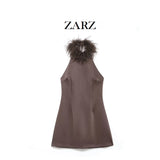 Homemade New Women's Clothing Fashion Feather Hanging Neck Dress