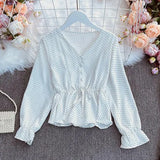 New Spring Fashion All-match V-neck flared sleeve Shirt lace up waist slim dot Long Sleeve Shirt