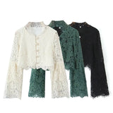 Simple Women's Clothing 2025 Summer Eyelash Lace Fan-Shaped Hem Short-Sleeved Shirt Long-Sleeved